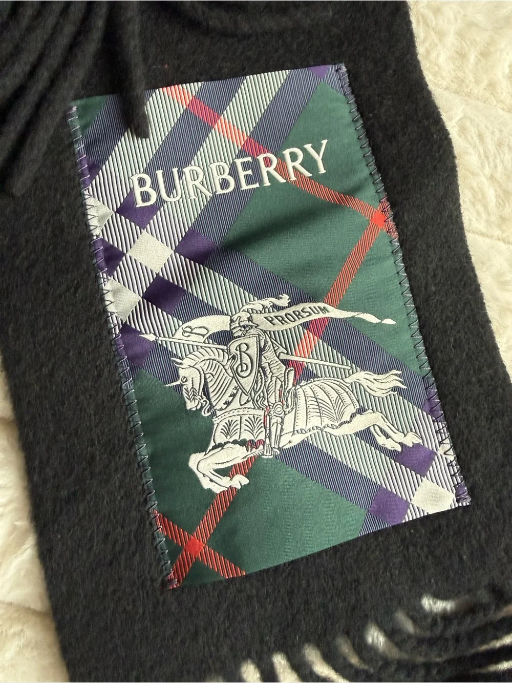Burberry Equestrian Knight Detail Cashmere Fringe Scarf BLACK NWT